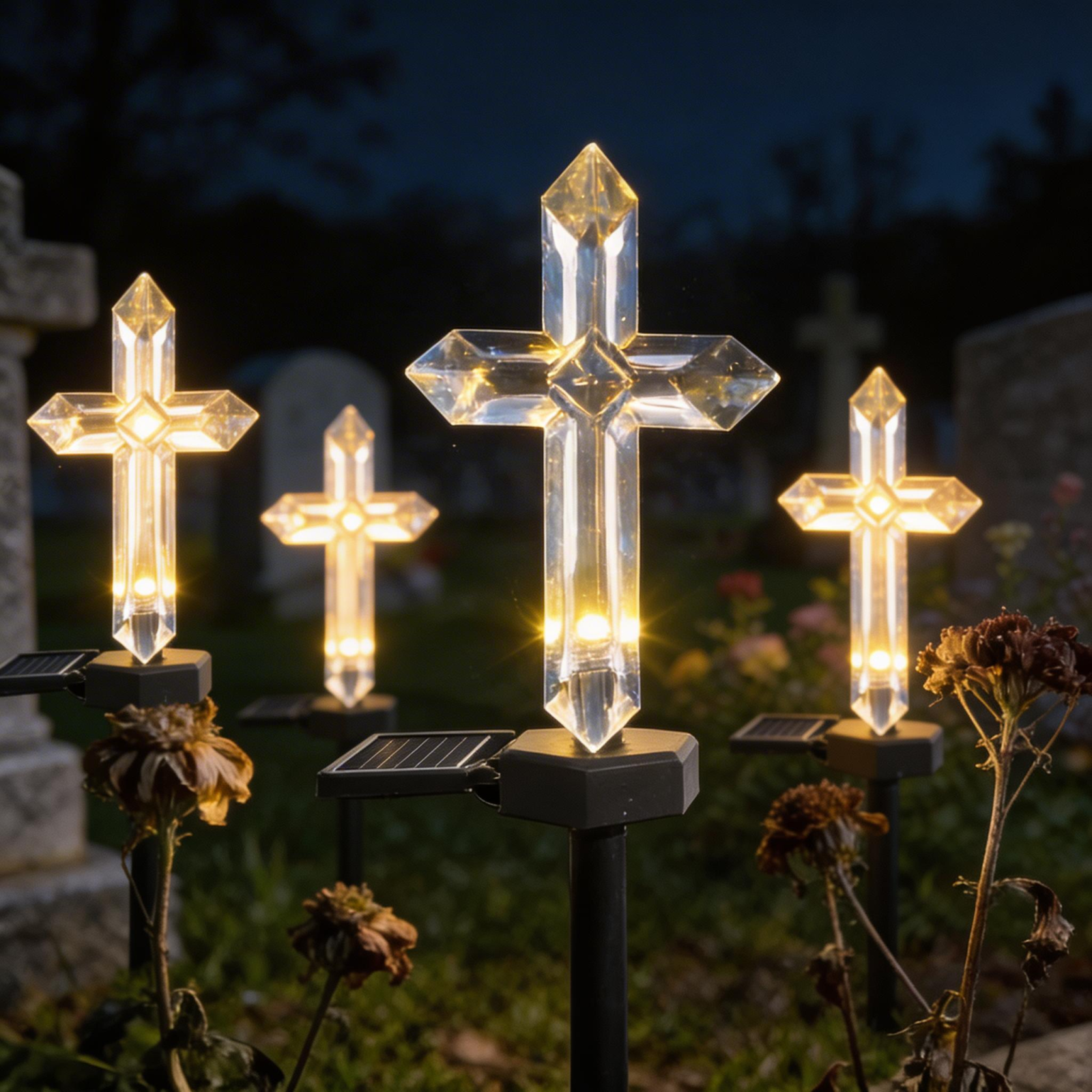 Set 4 Cruci Solare Decorative LED Alb Cald pentru Grădină și Cimitir – Iluminare Automată
