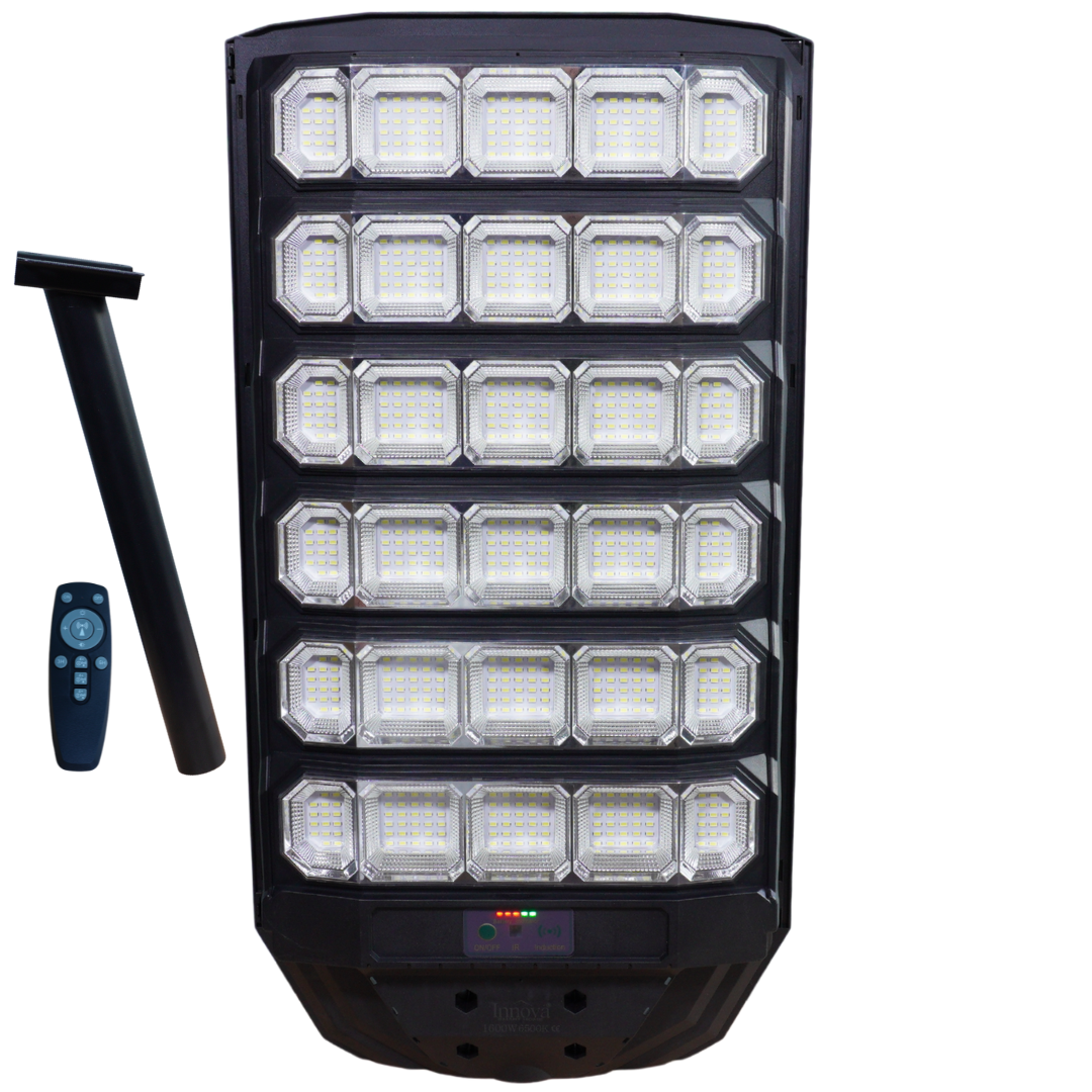 Lampa Solară Stradală Polaris Innova 1600W – LED 120.000 lm, Senzor Lumină/Mișcare și Telecomandă, IP66 & Suport Prindere+Cadou Surpriză