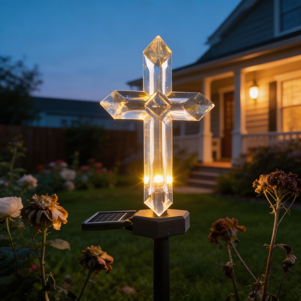 Set 4 Cruci Solare Decorative LED Alb Cald pentru Grădină și Cimitir – Iluminare Automată