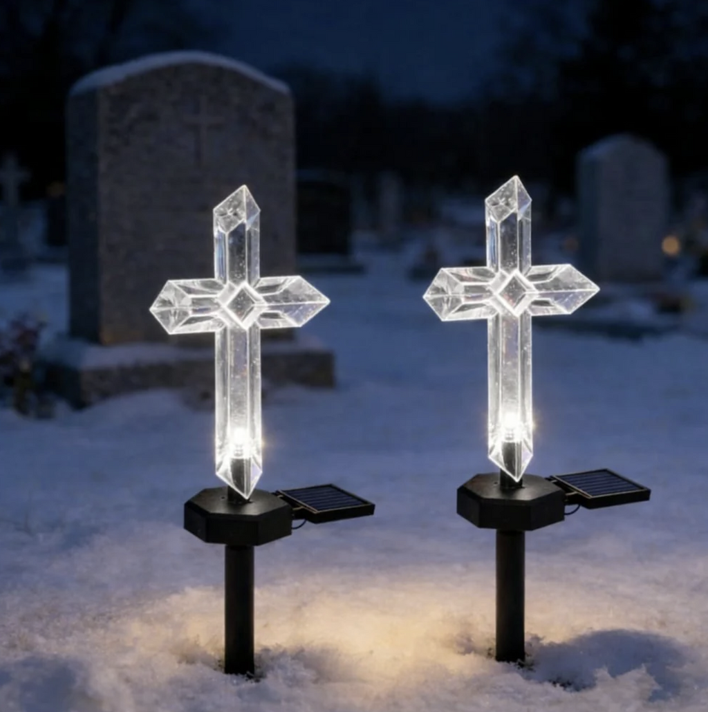 Set 4 Cruci Solare Decorative LED Alb Cald pentru Grădină și Cimitir – Iluminare Automată