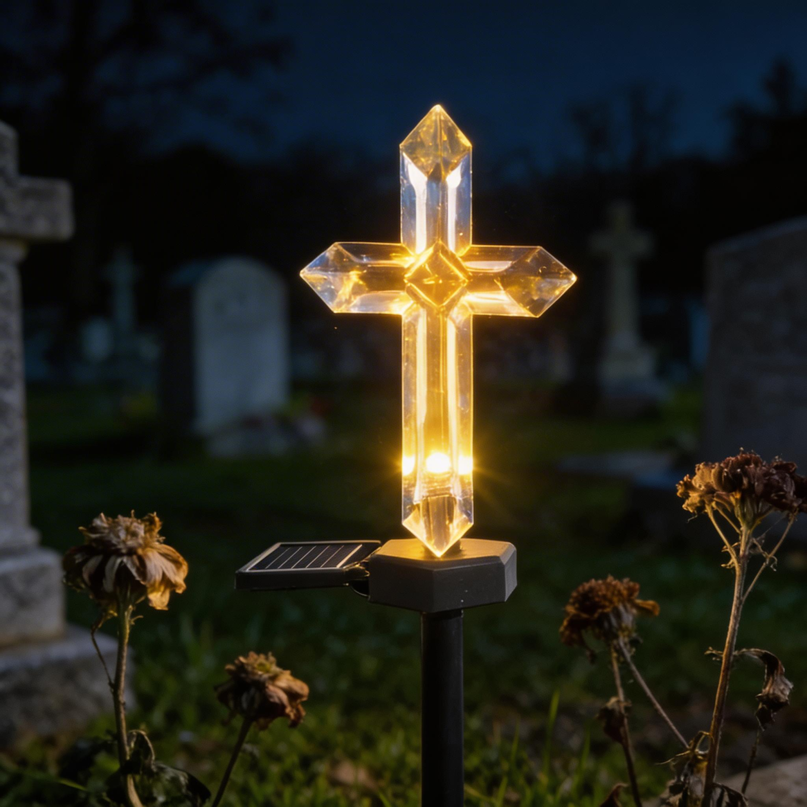 Set 4 Cruci Solare Decorative LED Alb Cald pentru Grădină și Cimitir – Iluminare Automată