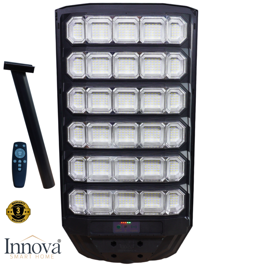 Lampa Solară Stradală Polaris Innova 1600W – LED 120.000 lm, Senzor Lumină/Mișcare și Telecomandă, IP66 & Suport Prindere+Cadou Surpriză