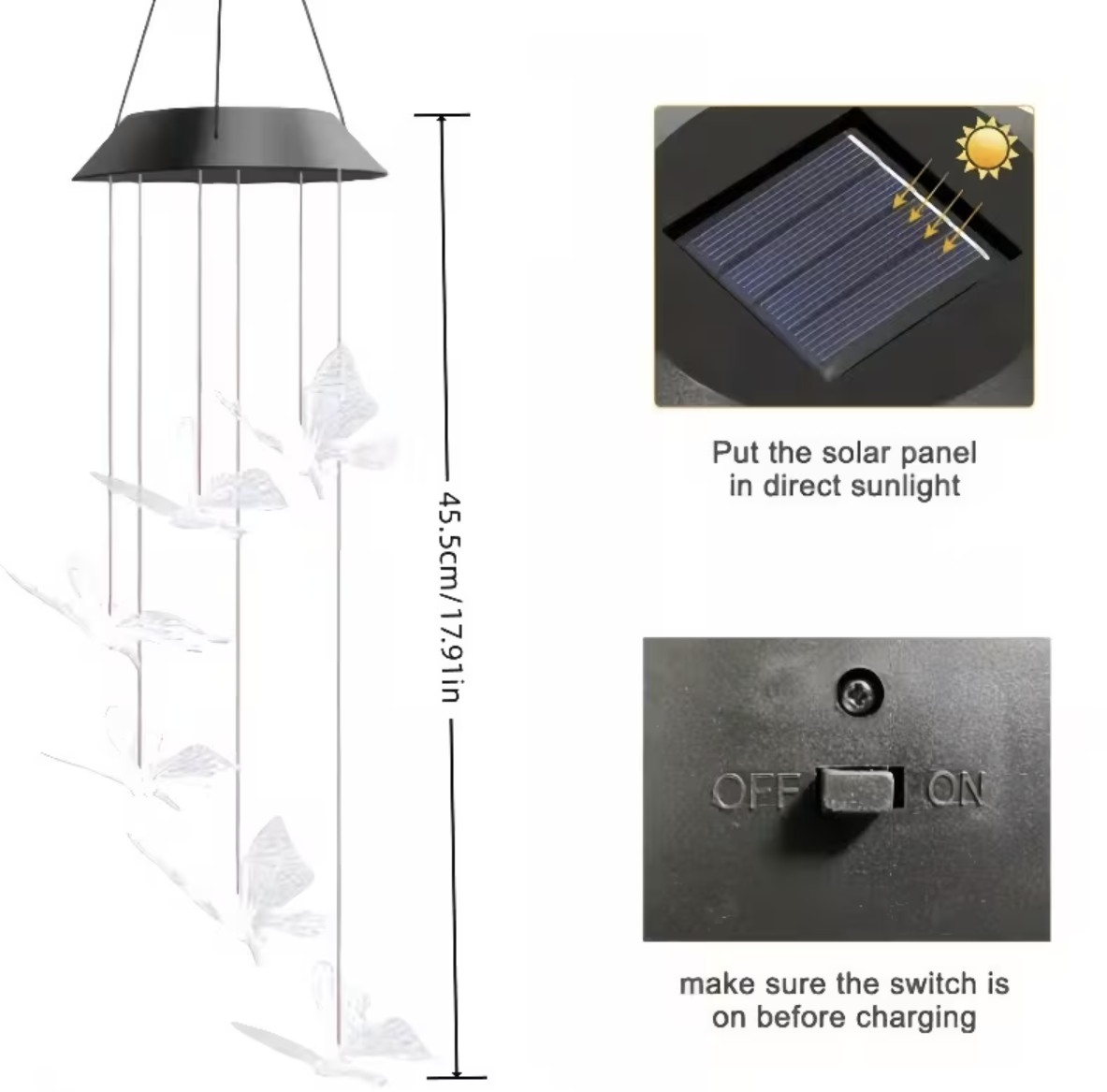 Set 2 x Clopoței de vânt cu încărcare solară, Fluturi, Colibri, Inimi