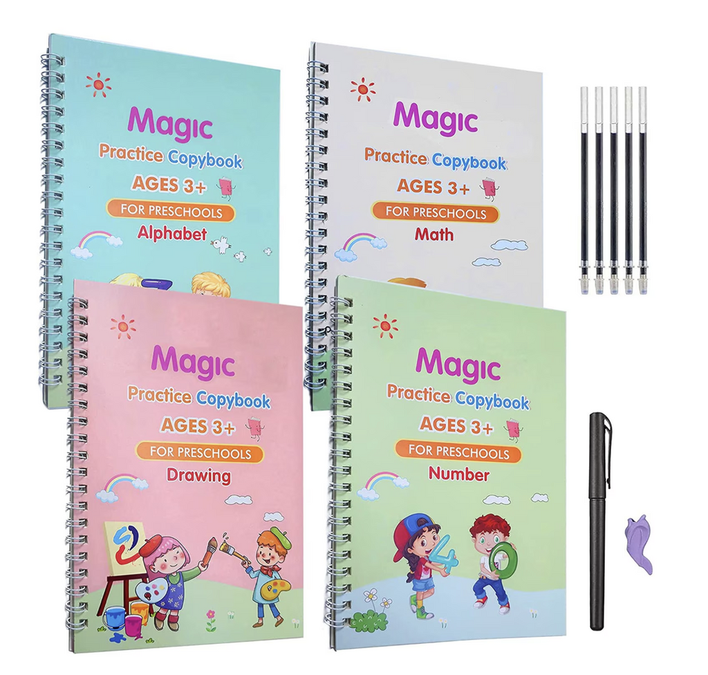 Set with 4 workbooks and magic pen for writing and drawing Sank Magic, school supplies, multicolor, 19 cm X 13 cm