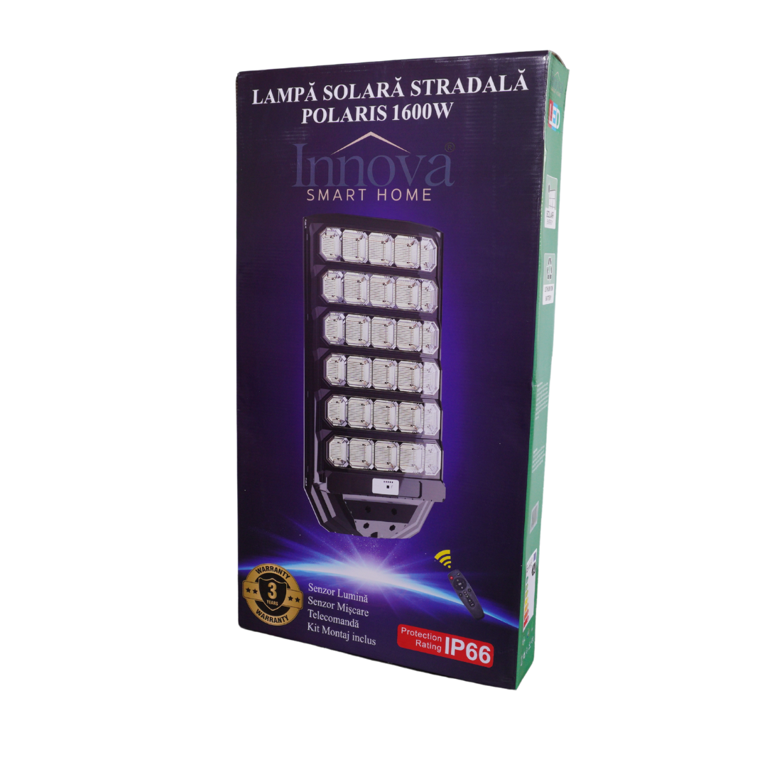 Lampa Solară Stradală Polaris Innova 1600W – LED 120.000 lm, Senzor Lumină/Mișcare și Telecomandă, IP66 & Suport Prindere+Cadou Surpriză