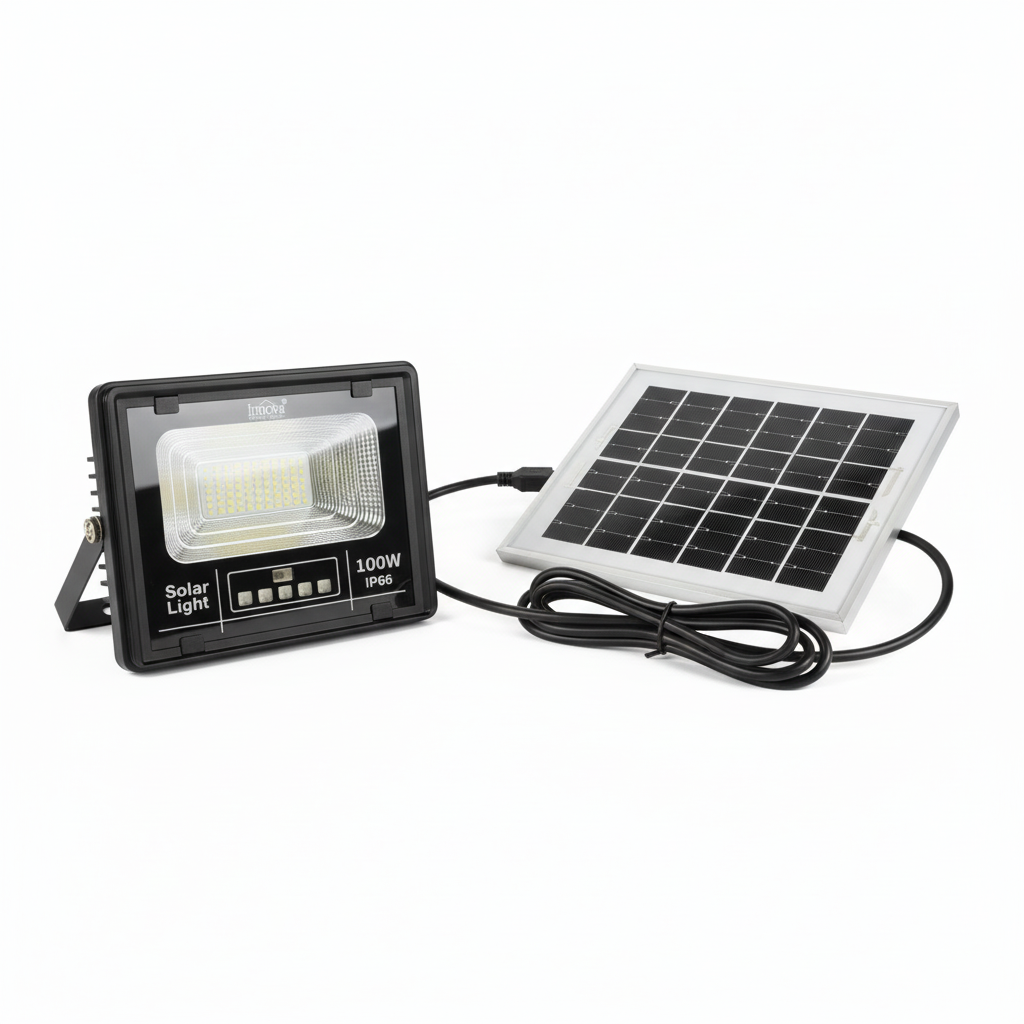 Proiector solar Innova 100W, IP66, indicator baterie, telecomandă, 6500k, 3 ani garanție