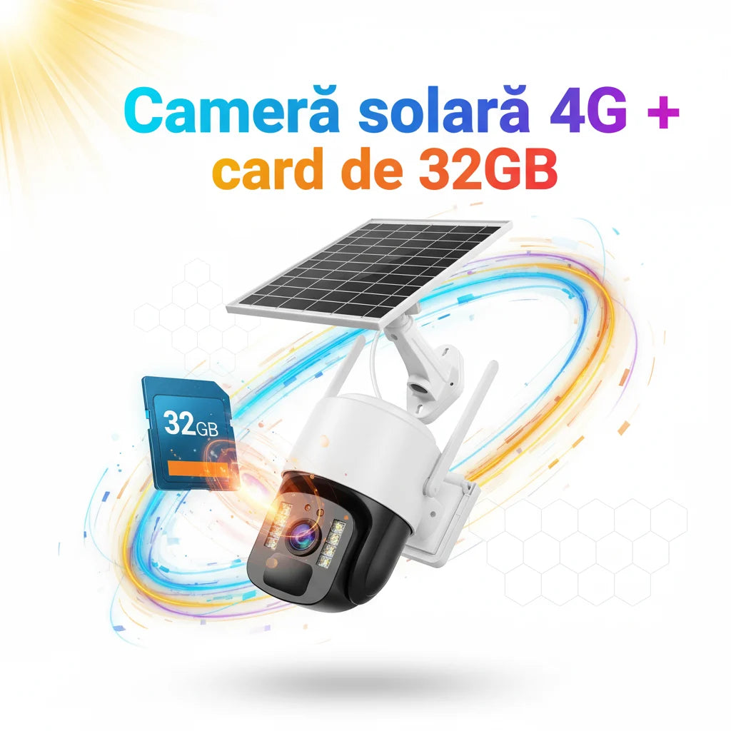 Cameră Supraveghere Solară INNOVA 4G TS1 - 3MP, PTZ 355°, Night Vision Color, Audio Bidirecțional, Alarmă, O-Kam Pro
