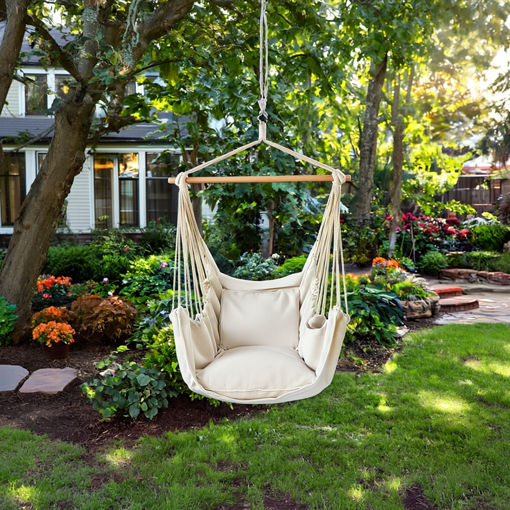 Premium Hanging Chair Hammock with 2 Pillows, Carry Bag, 2 Metal Hooks and Rope Included, 100x130 cm