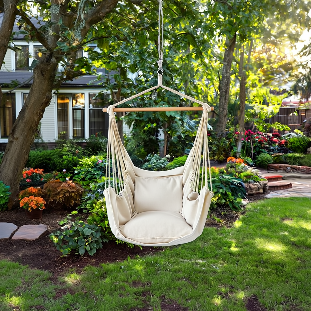 Premium Hanging Chair Hammock with 2 Pillows, Carry Bag, 2 Metal Hooks and Rope Included, 100x130 cm