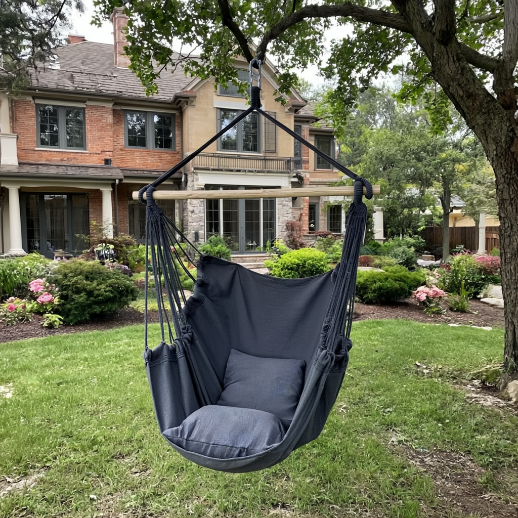 Premium Hanging Chair Hammock with 2 Pillows, Carry Bag, 2 Metal Hooks and Rope Included, 100x130 cm