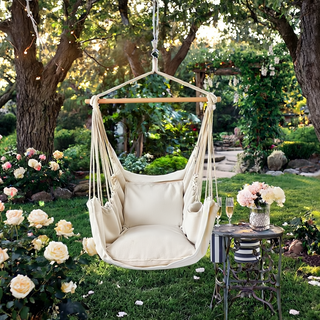 Premium Hanging Chair Hammock with 2 Pillows, Carry Bag, 2 Metal Hooks and Rope Included, 100x130 cm