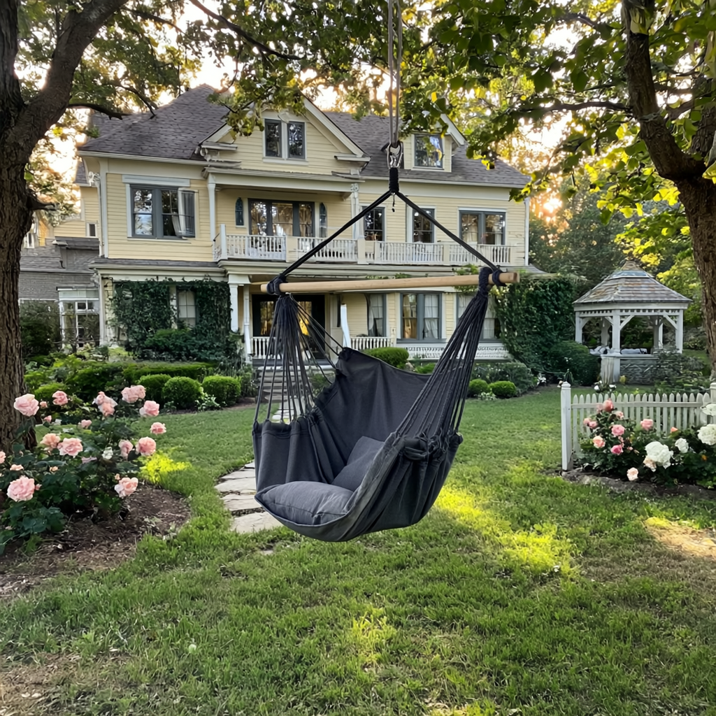 Premium Hanging Chair Hammock with 2 Pillows, Carry Bag, 2 Metal Hooks and Rope Included, 100x130 cm