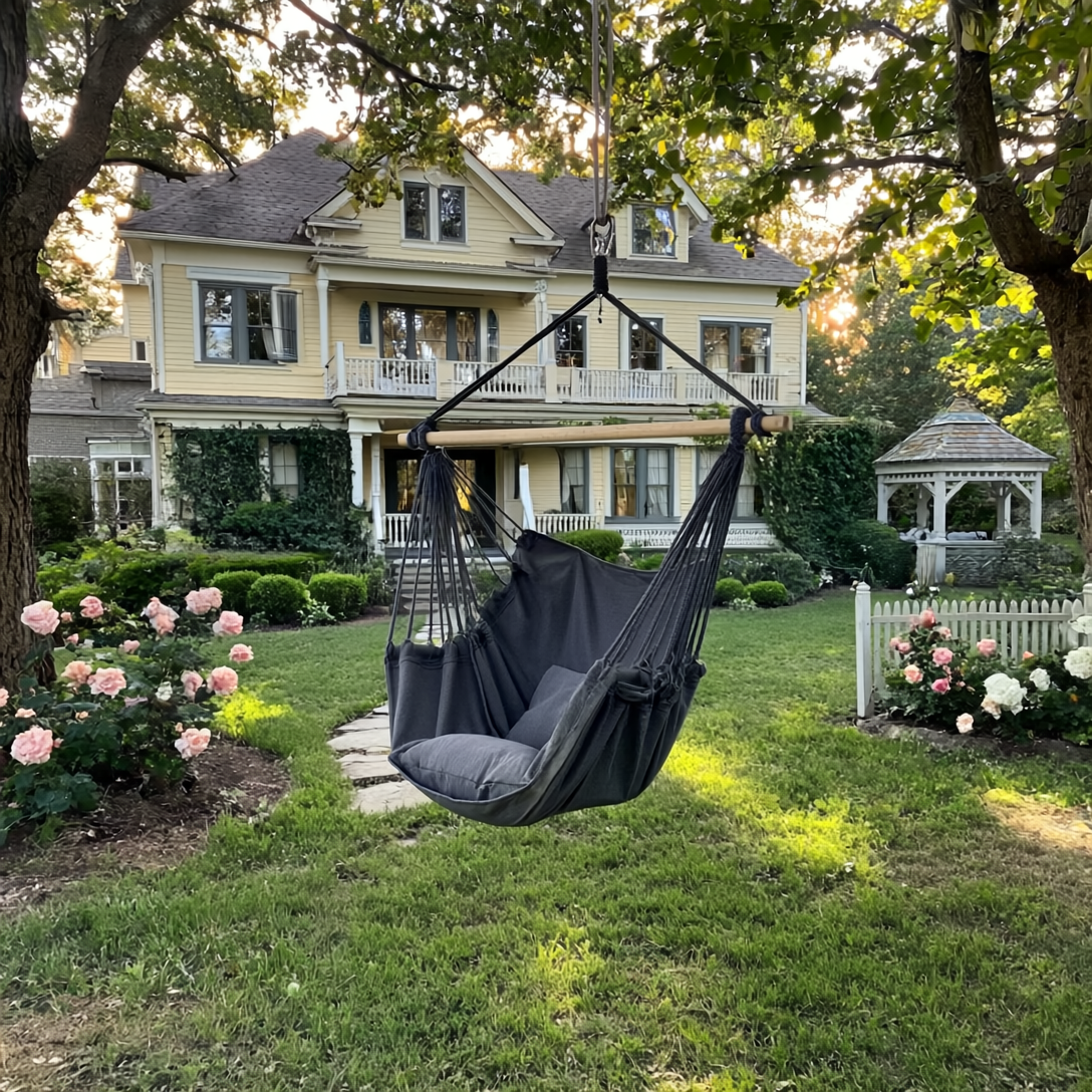 Premium Hanging Chair Hammock with 2 Pillows, Carry Bag, 2 Metal Hooks and Rope Included, 100x130 cm