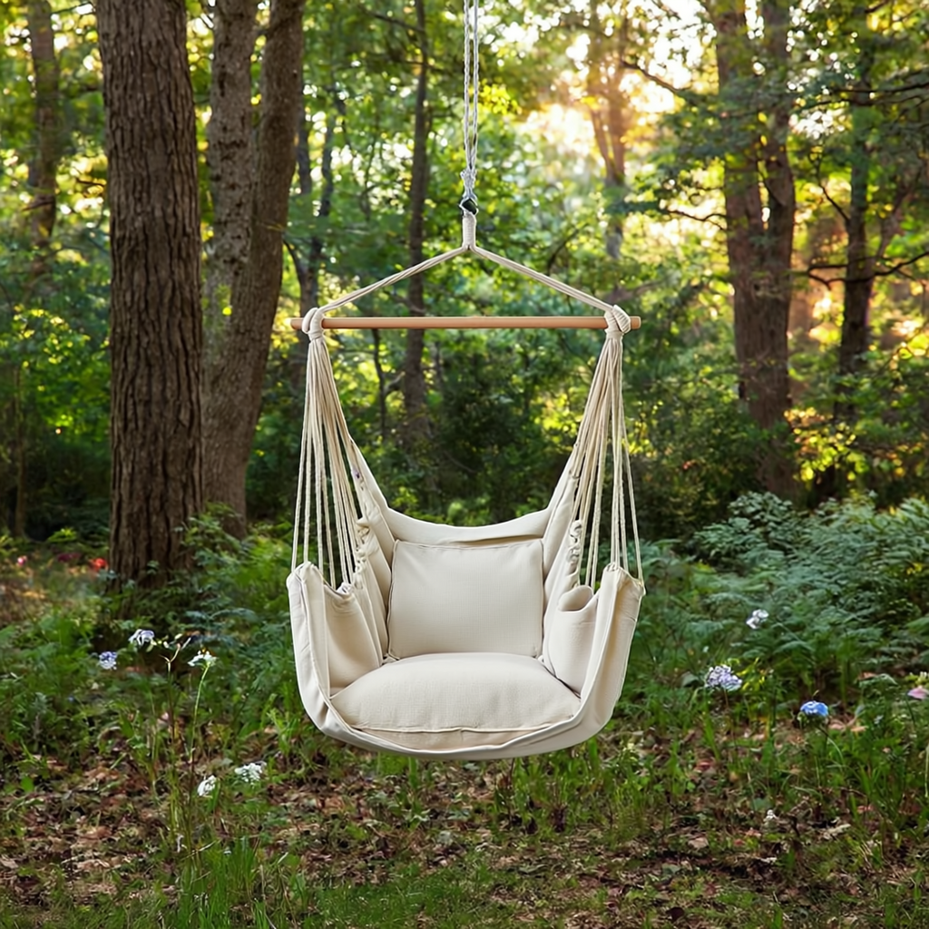 Premium Hanging Chair Hammock with 2 Pillows, Carry Bag, 2 Metal Hooks and Rope Included, 100x130 cm