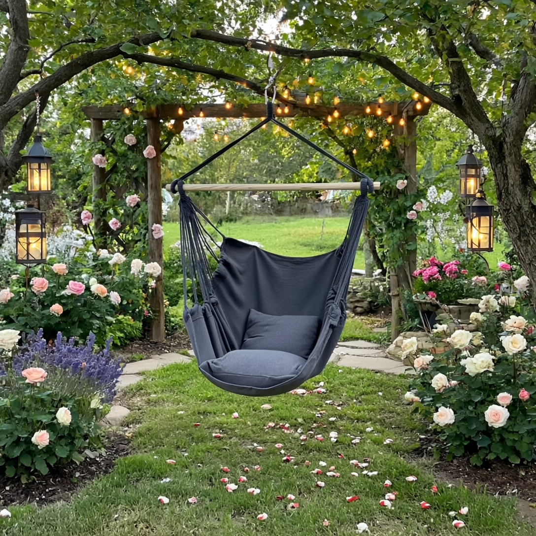 Premium Hanging Chair Hammock with 2 Pillows, Carry Bag, 2 Metal Hooks and Rope Included, 100x130 cm