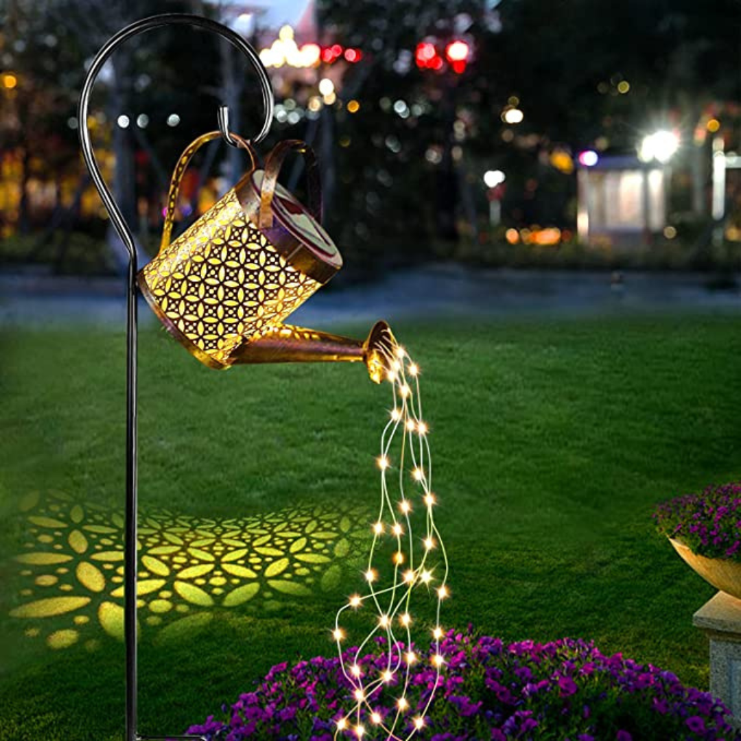 Solar LED Watering Can with Stars, Wrought Iron, Retro Design, Warm Light Projection, IP65, 80 cm