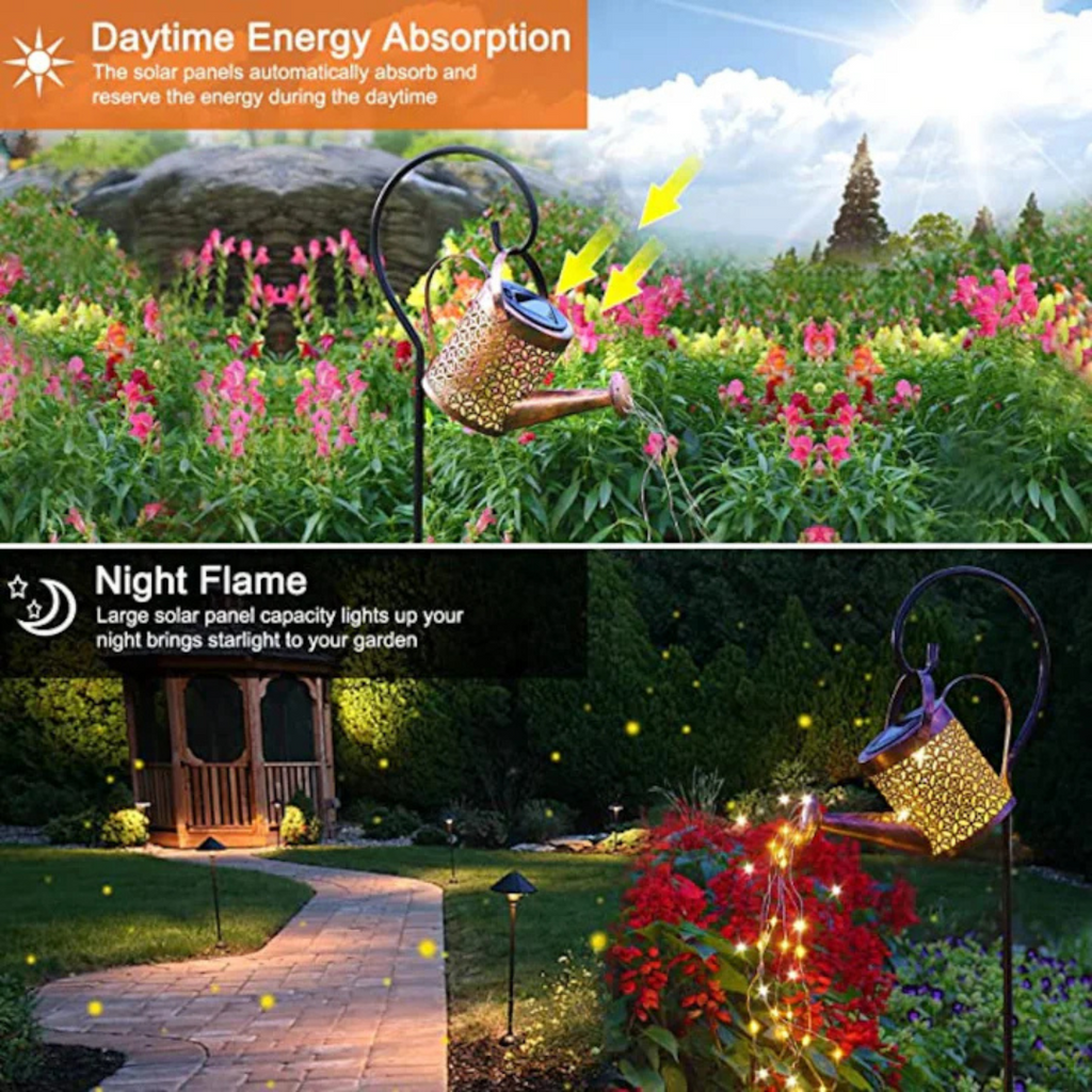 Solar LED Watering Can with Stars, Wrought Iron, Retro Design, Warm Light Projection, IP65, 80 cm