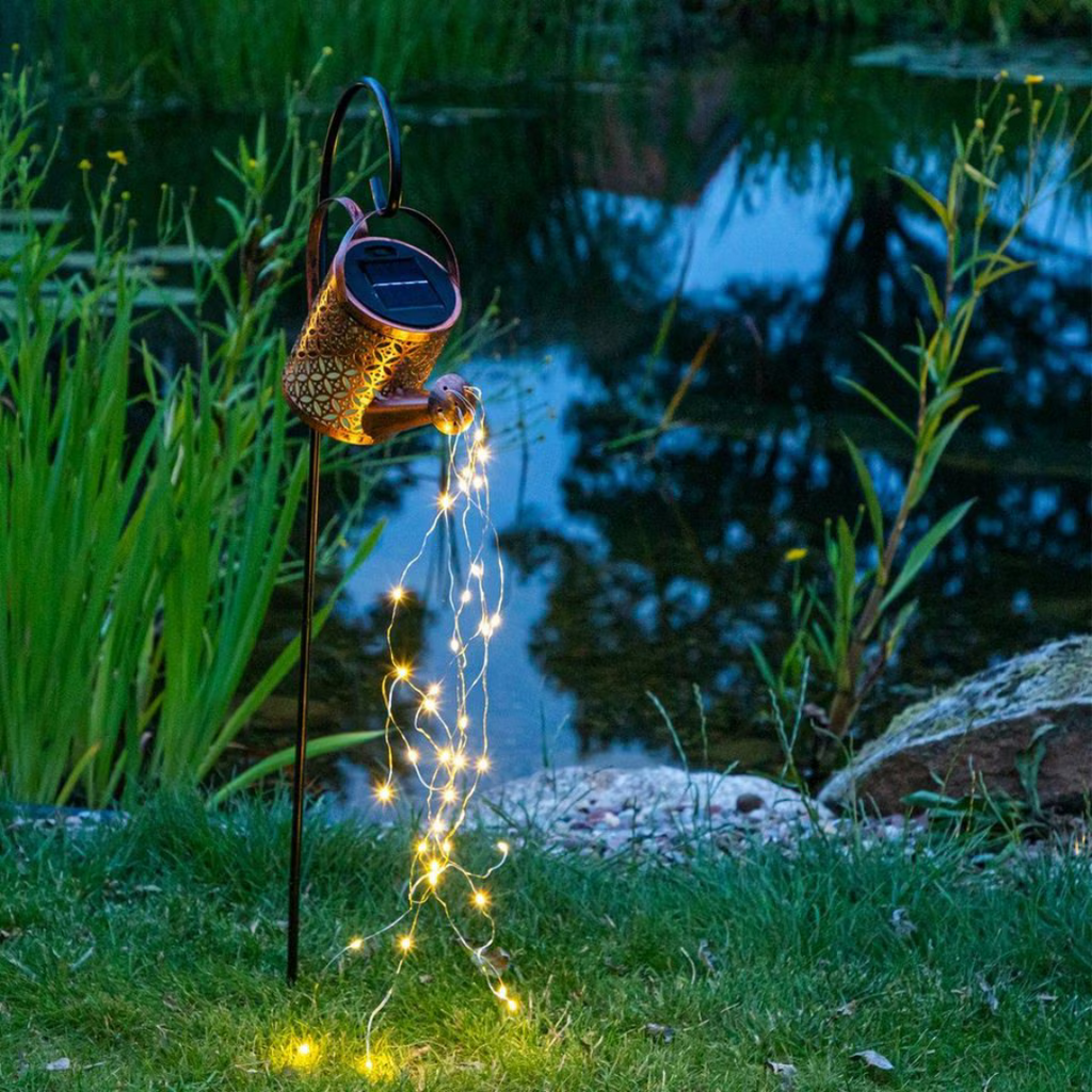 Solar LED Watering Can with Stars, Wrought Iron, Retro Design, Warm Light Projection, IP65, 80 cm