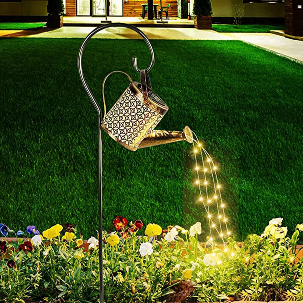 Solar LED Watering Can with Stars, Wrought Iron, Retro Design, Warm Light Projection, IP65, 80 cm