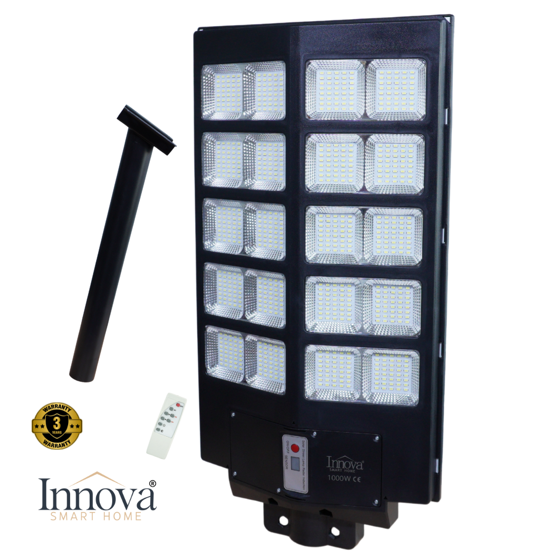 Lampa Solară Stradală Helio PRO Innova 1000W – LED 80 000 lm, Senzor Mișcare, Senzor Lumină IP66, Telecomandă & Suport Prindere + Cadou Surpriză