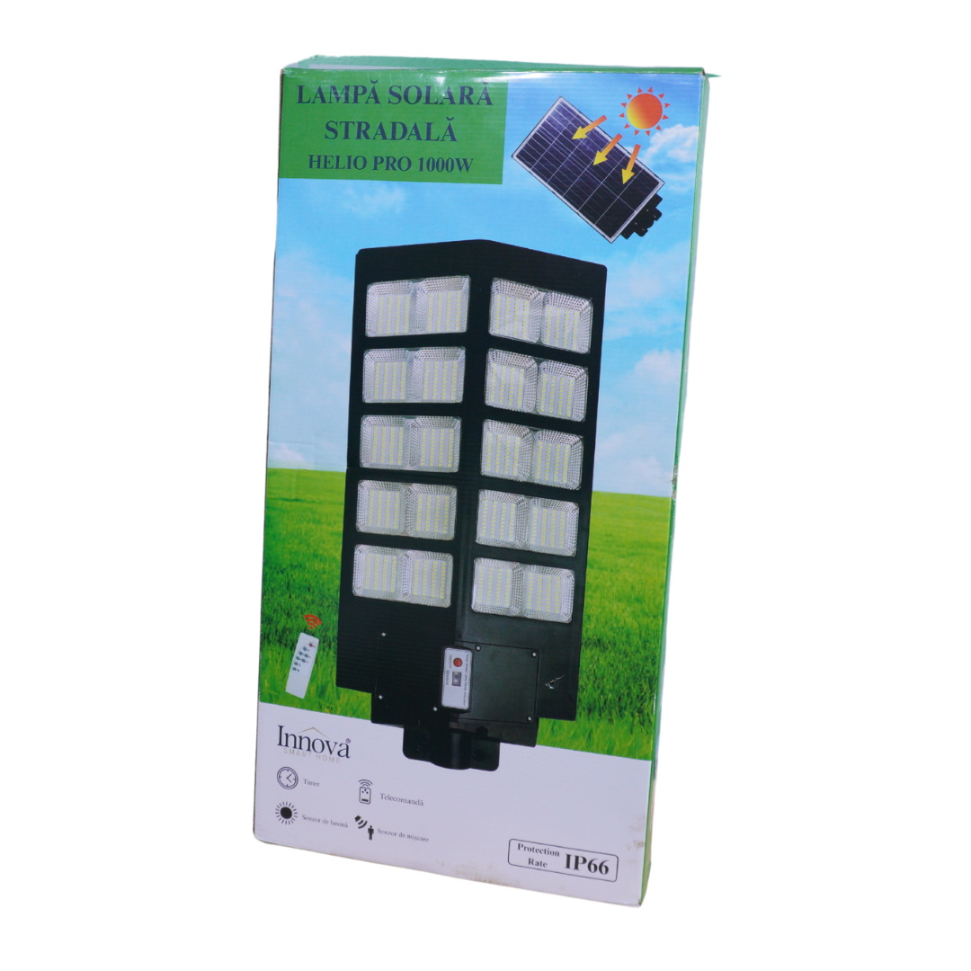 Lampa Solară Stradală Helio PRO Innova 1000W – LED 80 000 lm, Senzor Mișcare, Senzor Lumină IP66, Telecomandă & Suport Prindere + Cadou Surpriză