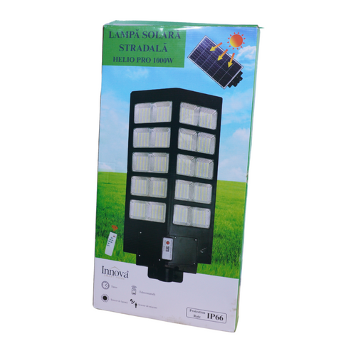 Lampa Solară Stradală Helio PRO Innova 1000W – LED 80 000 lm, Senzor Mișcare, Senzor Lumină IP66, Telecomandă & Suport Prindere + Cadou Surpriză