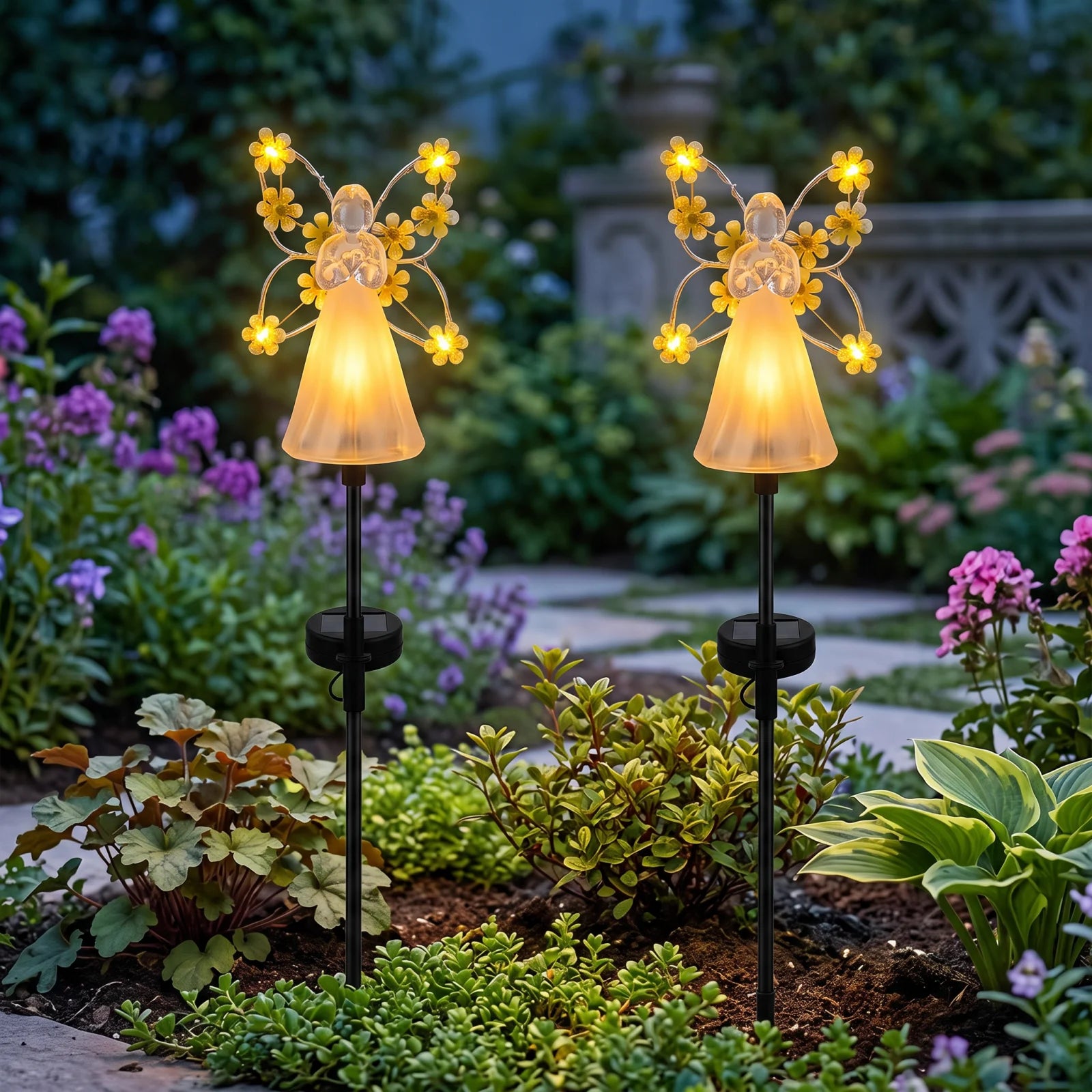 Lămpi Solare Decor Îngeraș cu Flori Galbene pentru Grădină - Set 2, 4 sau 8 Bucăți, Lumină Caldă