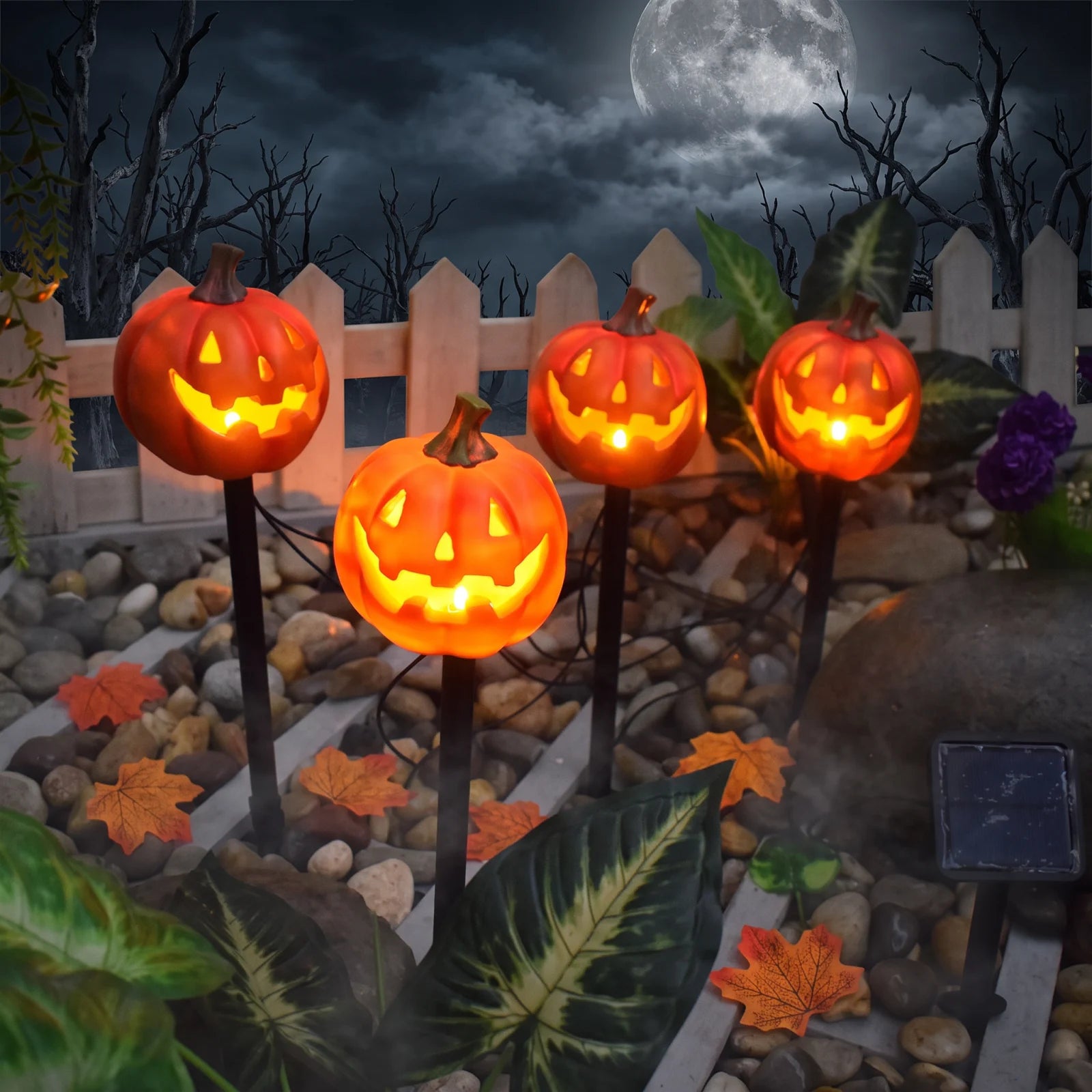 Lămpi Solare Halloween Dovleac pentru Grădină - Set 2 sau 4 Bucăți, Decor Curte și Alei