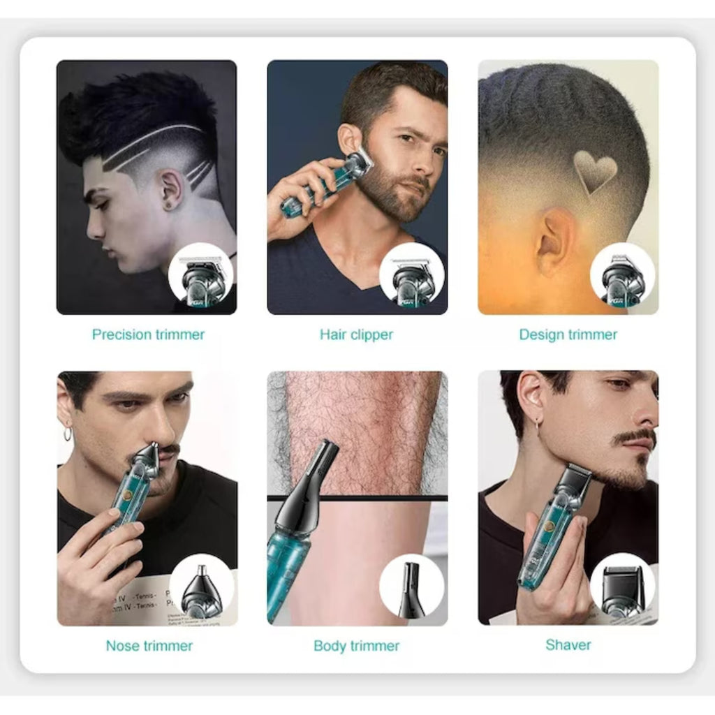 Transparent Electric Shaver, 6 Interchangeable Heads, IPX6 Waterproof, Stainless Steel Blades, LED Display, 1200 mAh Battery, USB-C Charging