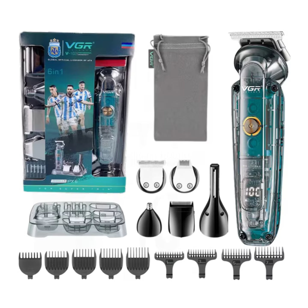 Transparent Electric Shaver, 6 Interchangeable Heads, IPX6 Waterproof, Stainless Steel Blades, LED Display, 1200 mAh Battery, USB-C Charging