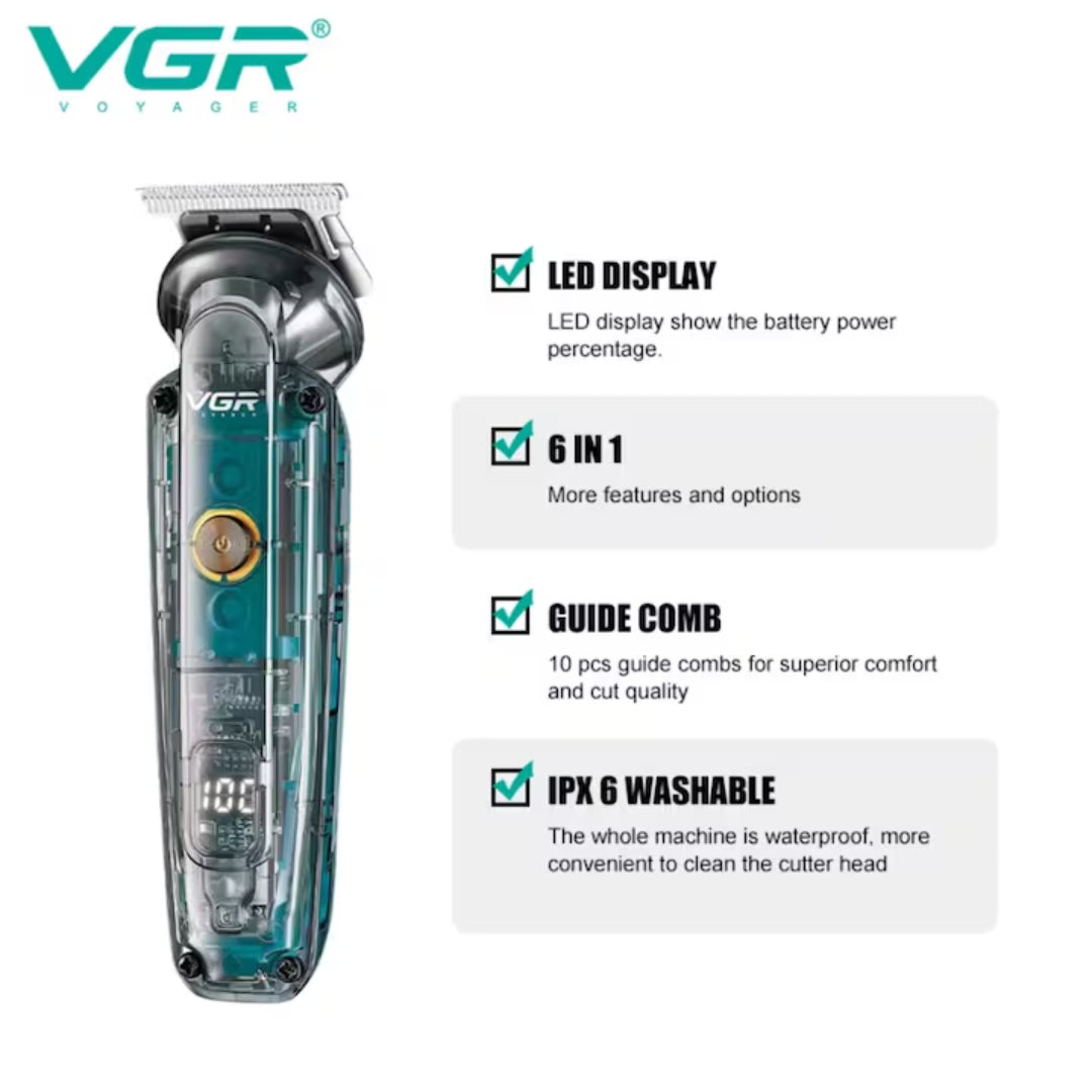 Transparent Electric Shaver, 6 Interchangeable Heads, IPX6 Waterproof, Stainless Steel Blades, LED Display, 1200 mAh Battery, USB-C Charging