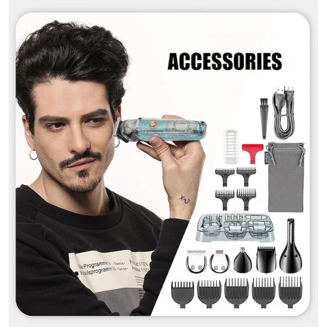 Transparent Electric Shaver, 6 Interchangeable Heads, IPX6 Waterproof, Stainless Steel Blades, LED Display, 1200 mAh Battery, USB-C Charging