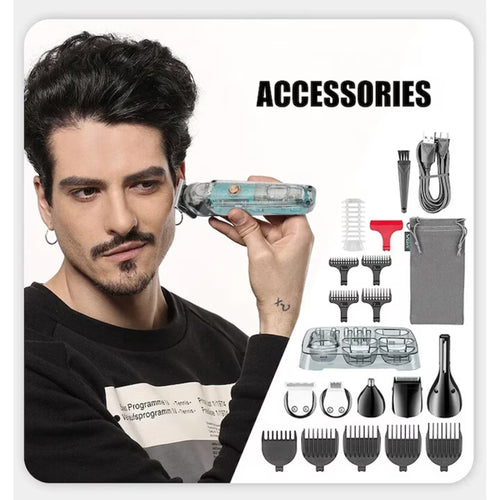 Transparent Electric Shaver, 6 Interchangeable Heads, IPX6 Waterproof, Stainless Steel Blades, LED Display, 1200 mAh Battery, USB-C Charging
