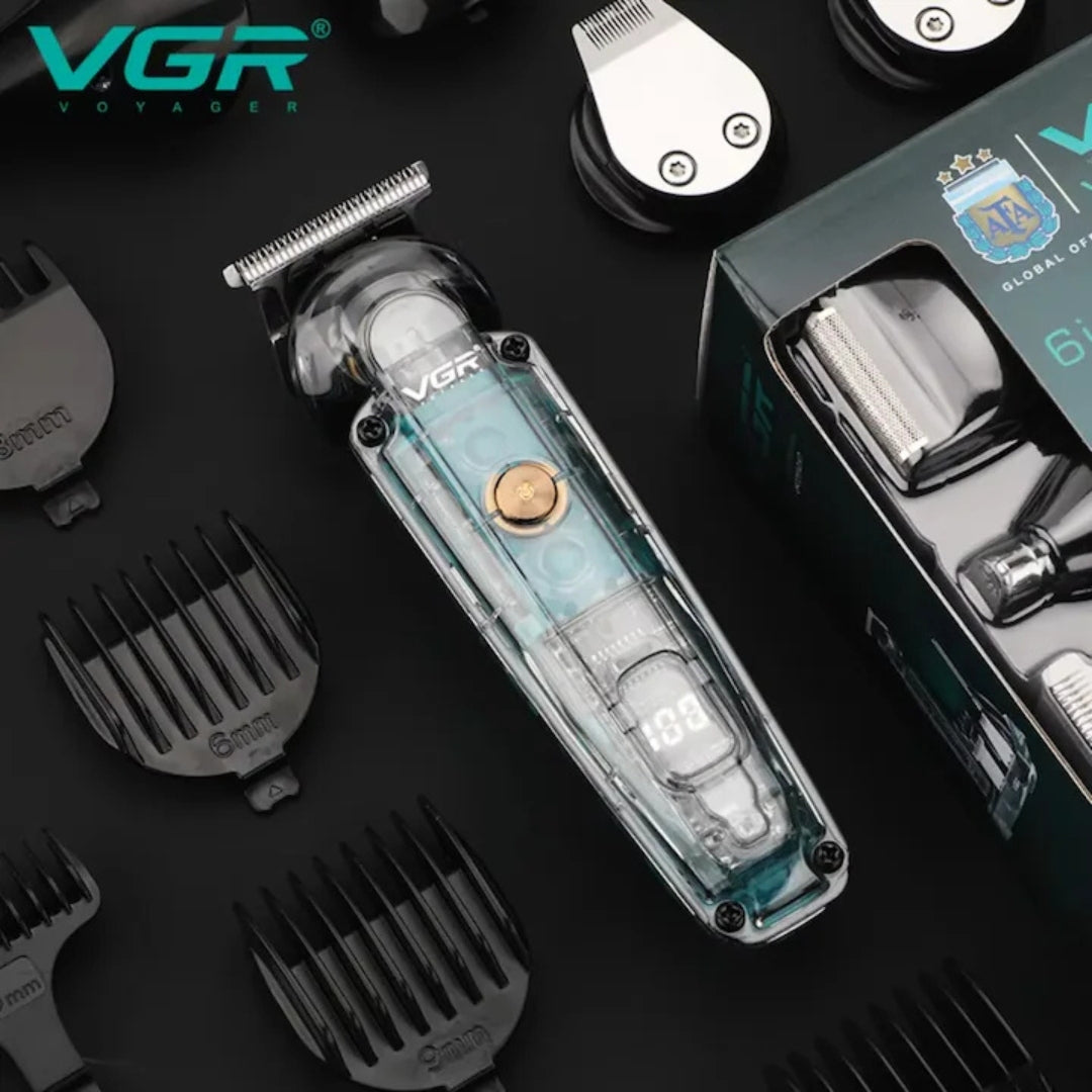 Transparent Electric Shaver, 6 Interchangeable Heads, IPX6 Waterproof, Stainless Steel Blades, LED Display, 1200 mAh Battery, USB-C Charging