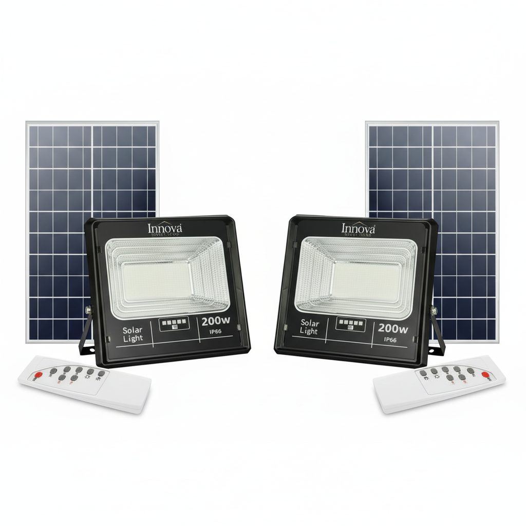 Set 2 x Proiector LED INNOVA 200W cu Panou Solar și Telecomandă, IP66 + Cadou Surpriză