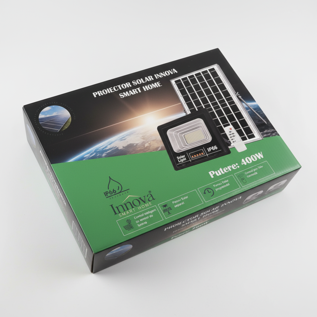 Set 2 x Proiector LED INNOVA 400W Cu Panou Solar și telecomandă, IP66 + Cadou Surpriză
