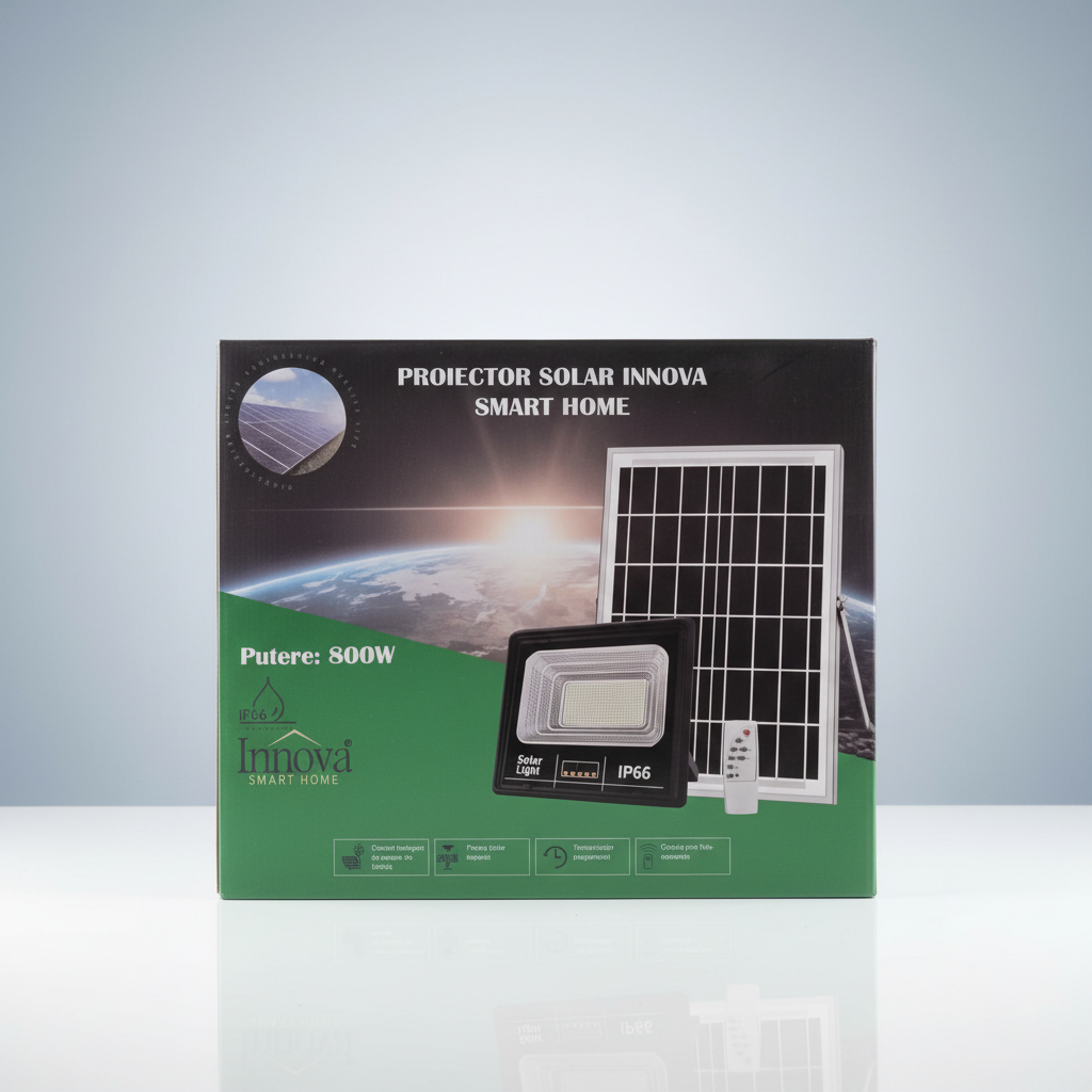 Proiector LED INNOVA 800 W cu Panou Solar și telecomandă, IP66 + Cadou Surpriză