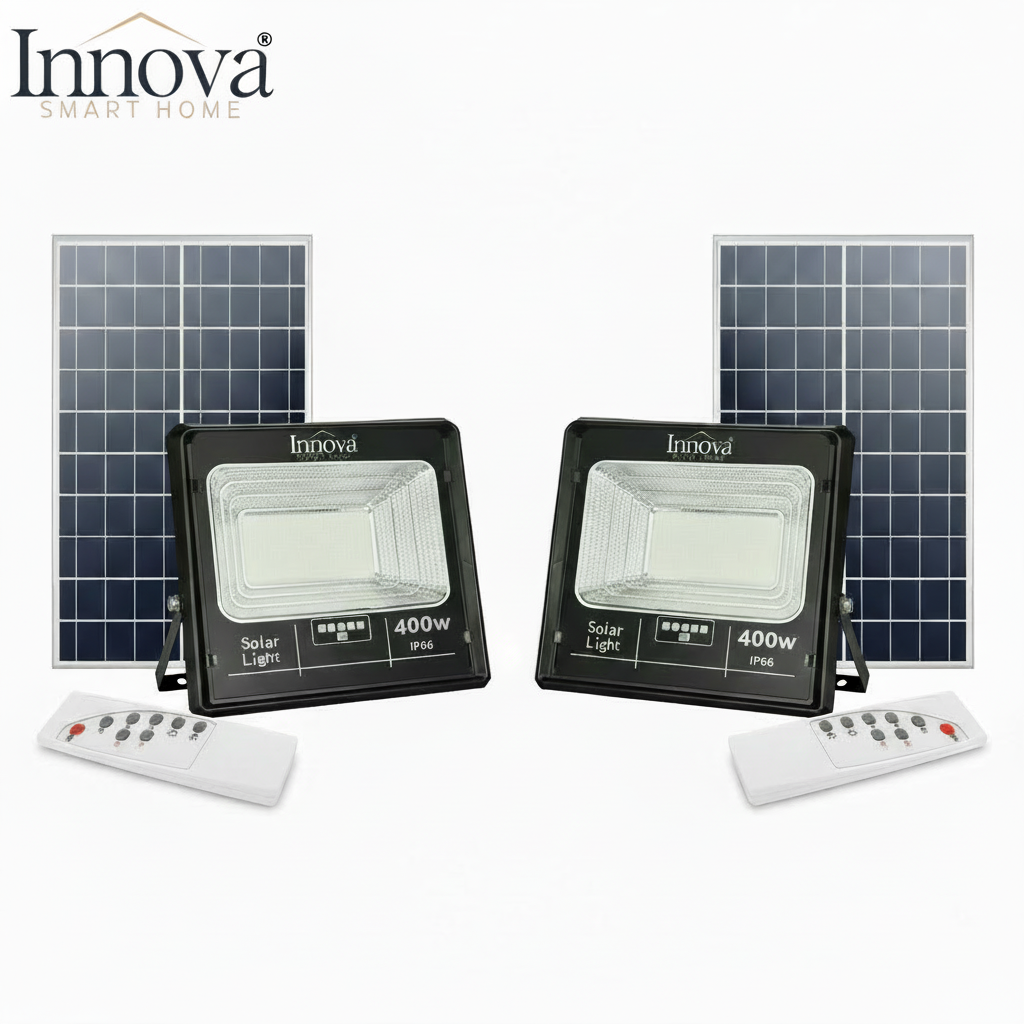 Set 2 x Proiector LED INNOVA 400W Cu Panou Solar și telecomandă, IP66 + Cadou Surpriză
