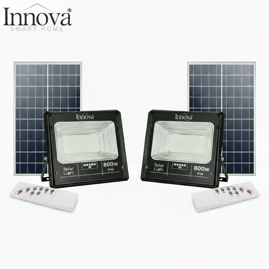 Set 2 x Proiector LED INNOVA 800 W Cu Panou Solar și telecomandă, IP66 + Cadou Surpriză