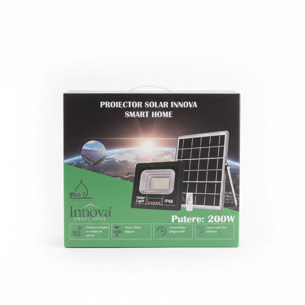 Set 4 x Proiector LED INNOVA 200W cu panou solar și telecomandă, IP66 + Cadou Surpriză