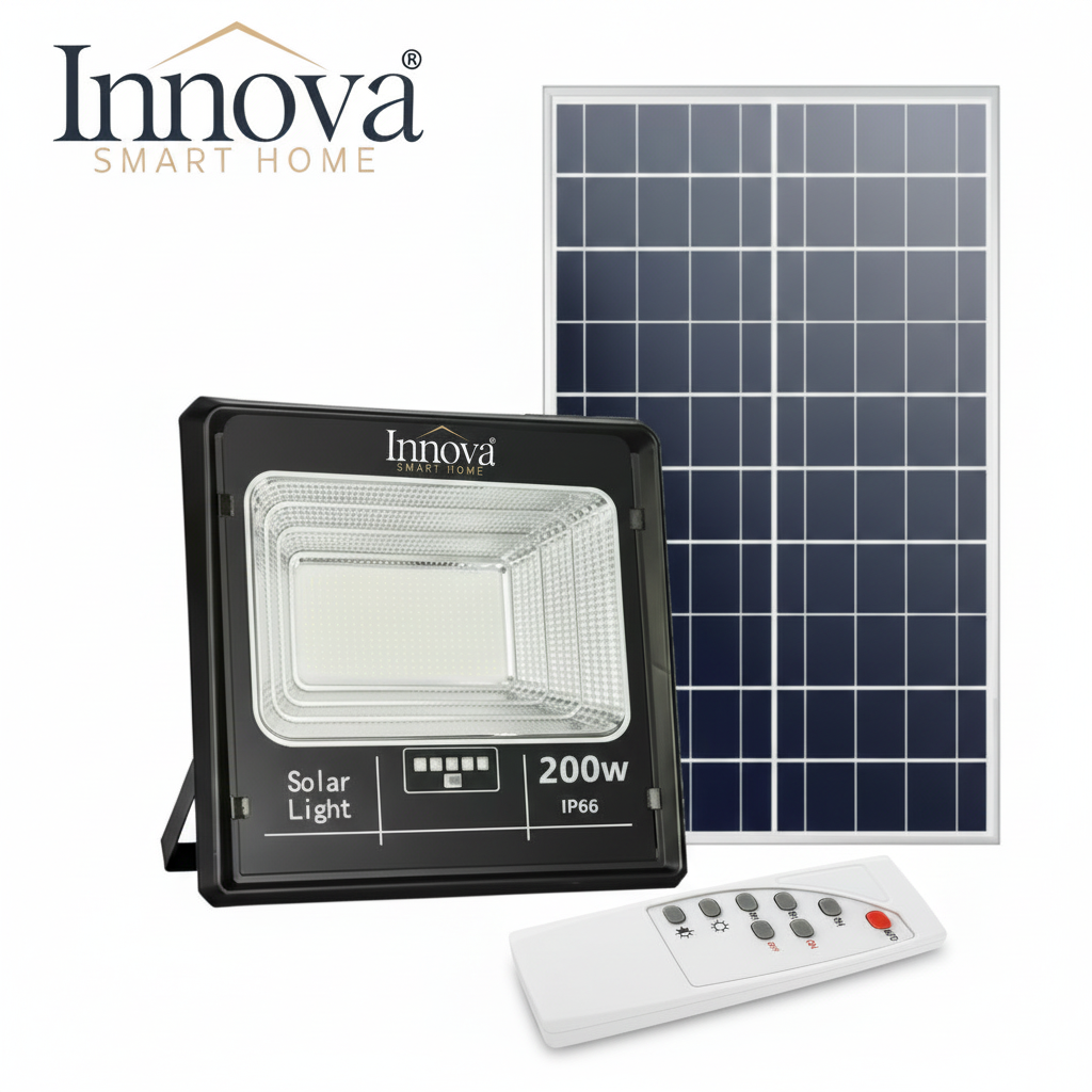 Set 2 x Proiector LED INNOVA 200W cu Panou Solar și Telecomandă, IP66 + Cadou Surpriză
