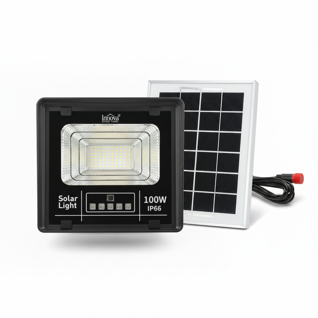 Set 2 X Proiector Solar Innova 100W, IP66, Indicator Baterie, Telecomandă, 6500k, 3 Ani Garanție