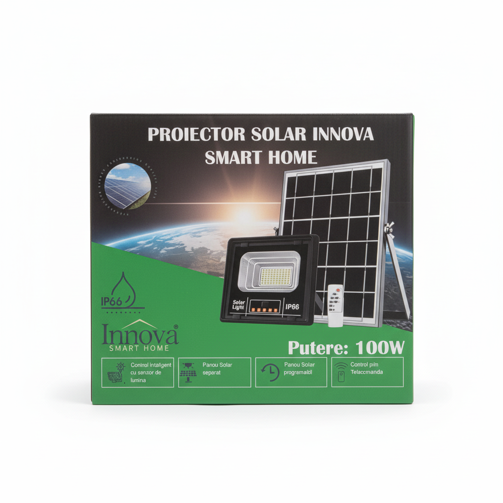 Proiector solar Innova 100W, IP66, indicator baterie, telecomandă, 6500k, 3 ani garanție