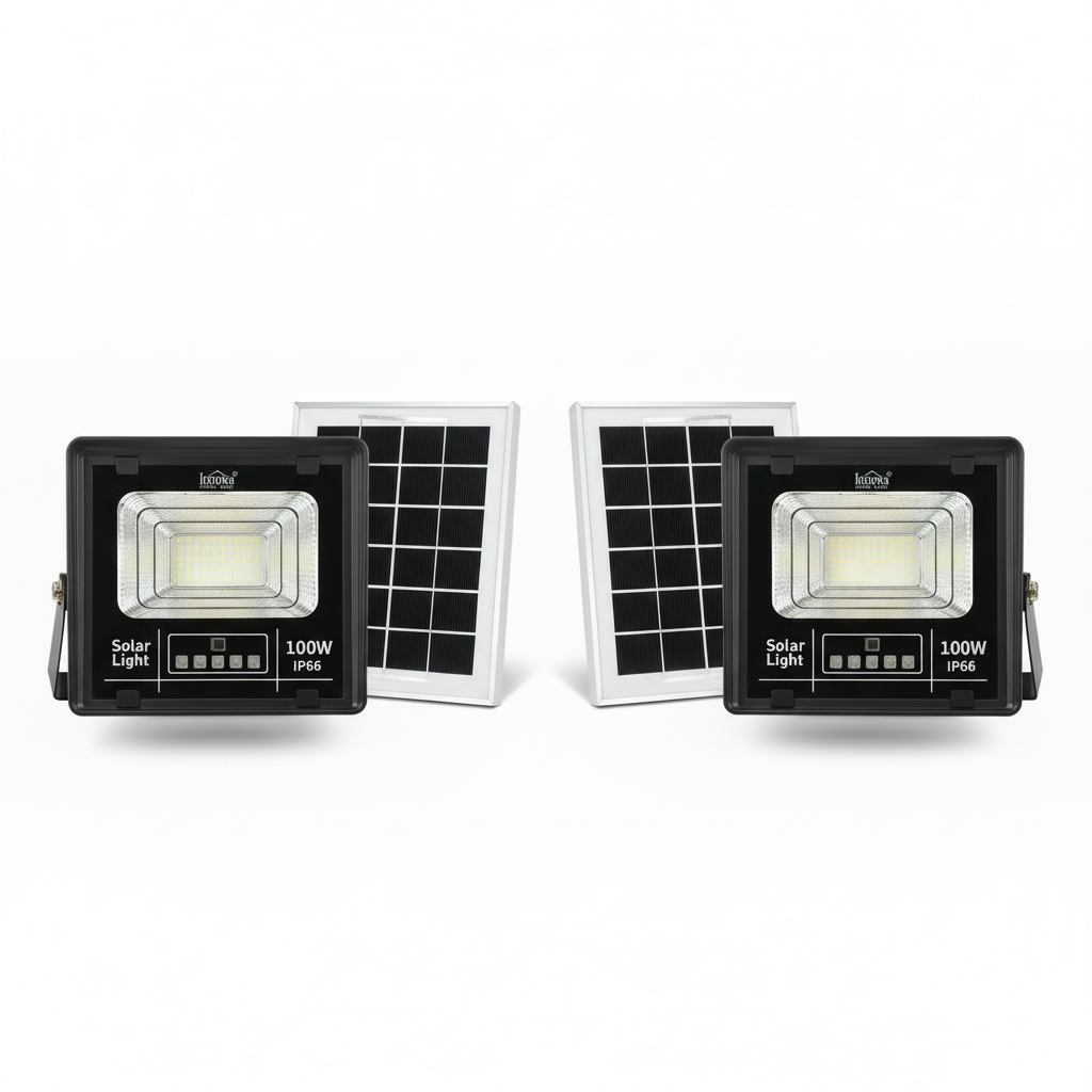 Set 2 X Proiector Solar Innova 100W, IP66, Indicator Baterie, Telecomandă, 6500k, 3 Ani Garanție