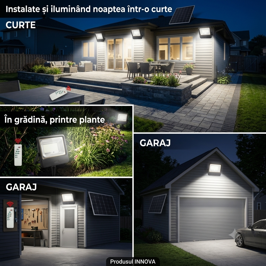 Proiector solar LED 1000W Innova Smart Home Cyborg, IP67, panou solar 45x35 cm și telecomandă