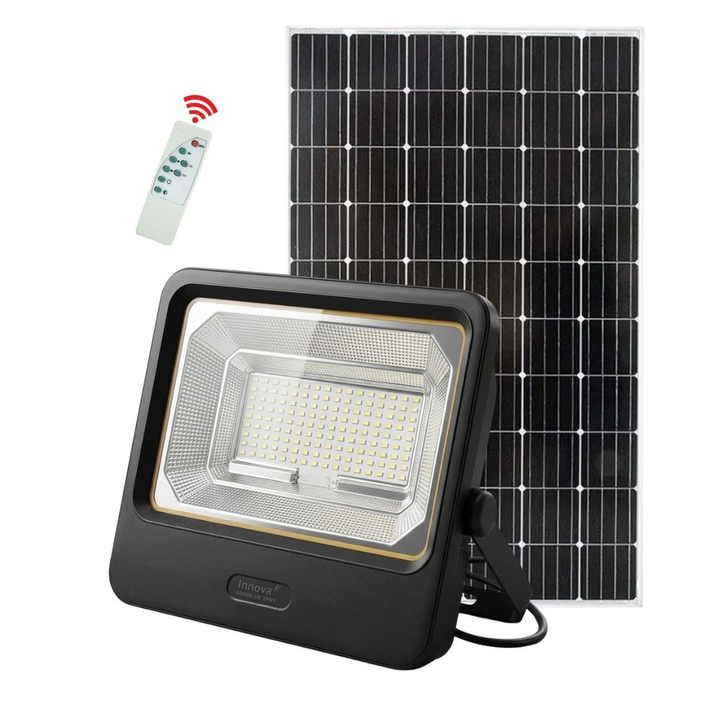 Proiector solar LED 1000W Innova Smart Home Cyborg, IP67, panou solar 45x35 cm și telecomandă