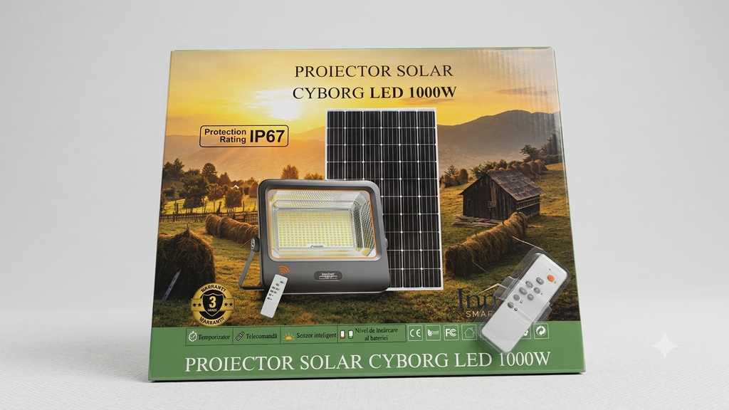 Proiector solar LED 1000W Innova Smart Home Cyborg, IP67, panou solar 45x35 cm și telecomandă