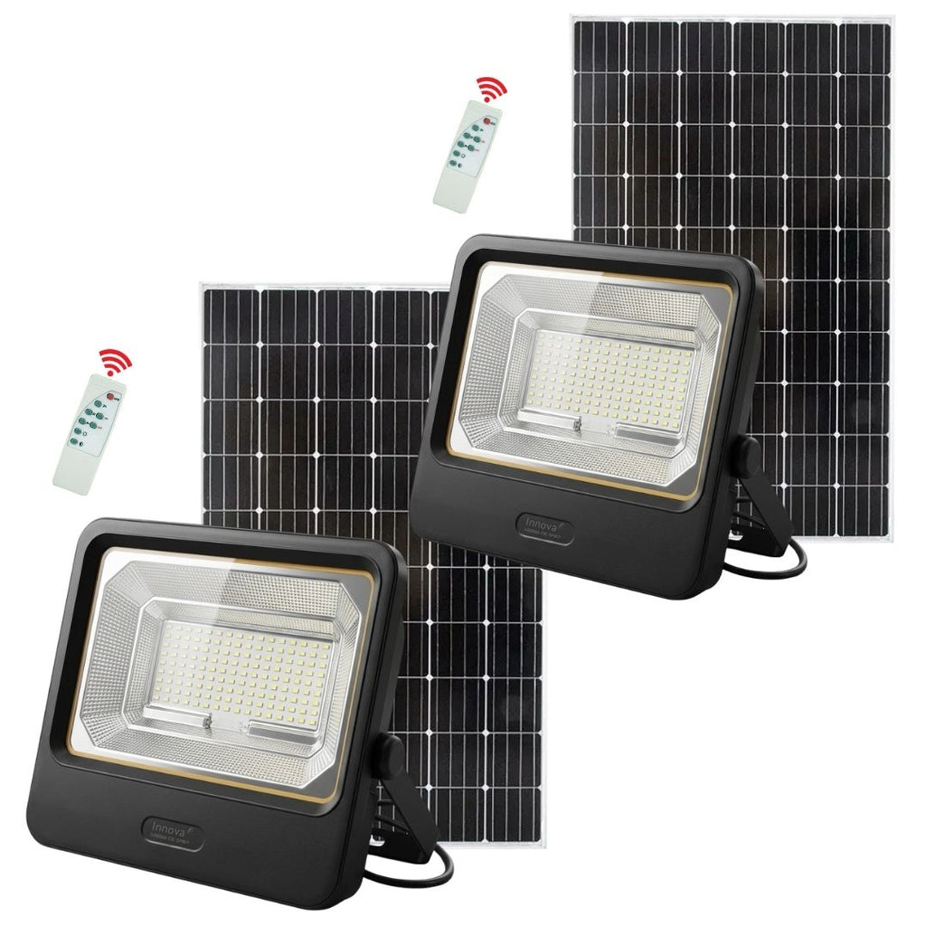 Set 2 Proiectoare Solare LED 1000W Innova Smart Home Cyborg, IP67, Panouri Solare 45x35 cm și Telecomenzi
