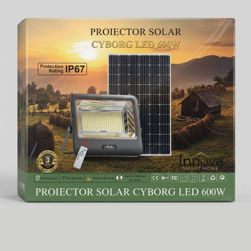 600W/800W/1000W LED Solar Projector Innova Smart Home Cyborg, IP67, 35x29 cm Solar Panel and Remote Control