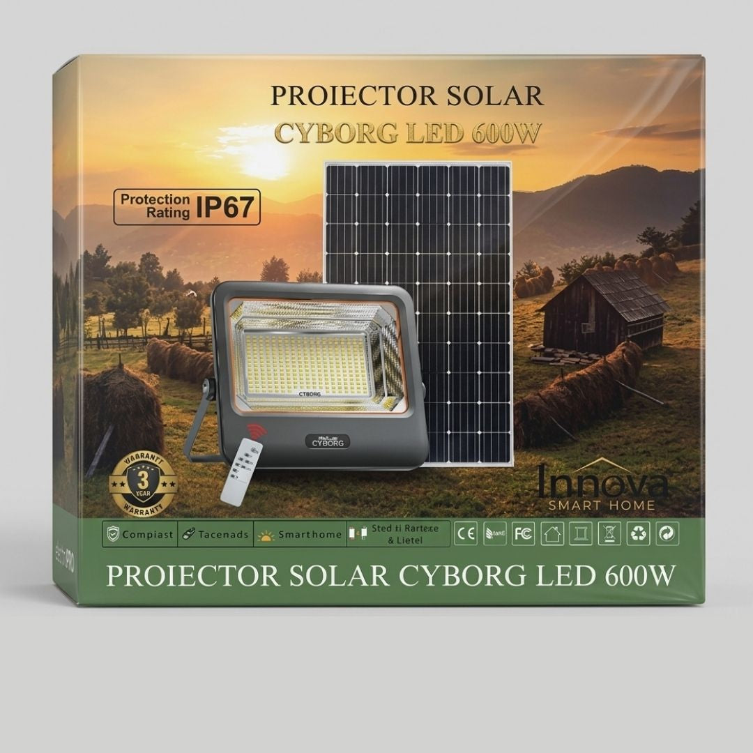 600W/800W/1000W LED Solar Projector Innova Smart Home Cyborg, IP67, 35x29 cm Solar Panel and Remote Control